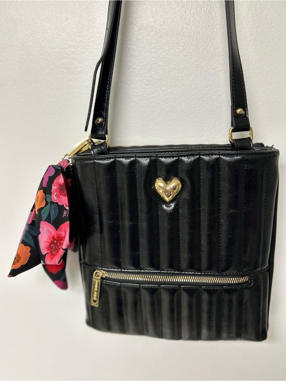 Betsey Johnson Black Quilted Heart Crossbody Bag with Floral Scarf